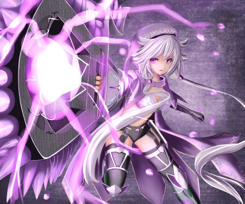 &gt;:( 1girl black_legwear breasts character_request cleavage cowboy_shot ekusera energy_gun foreshortening gun hat highres holding holding_gun holding_weapon jacket long_hair looking_at_viewer low_twintails medium_breasts open_clothes open_jacket parted_lips pink_eyes purple_jacket shironeko_project silver_hair solo thigh-highs twintails very_long_hair weapon