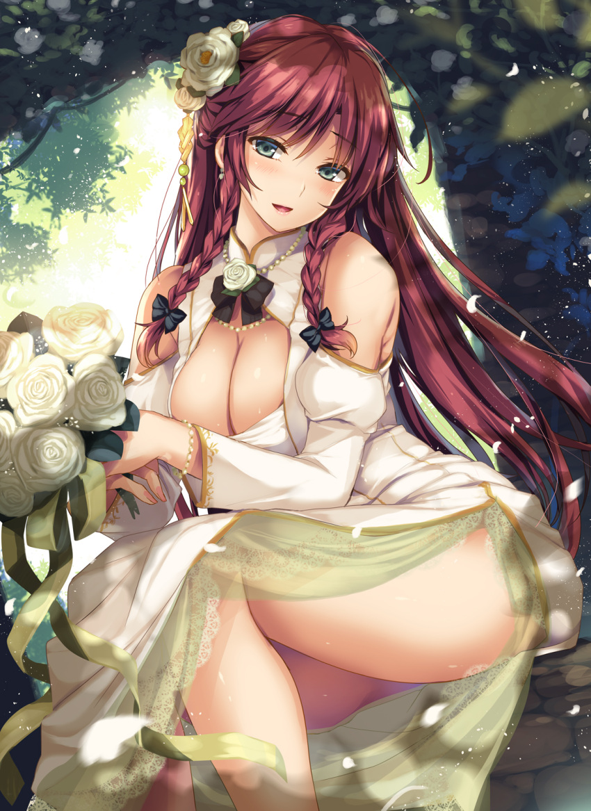 1girl alternate_costume aqua_eyes ass bare_shoulders black_bow bow braid breasts cleavage detached_sleeves flower hair_bow hair_flower hair_ornament highres hong_meiling large_breasts long_hair looking_at_viewer moneti_(daifuku) no_hat no_headwear parted_lips redhead rose see-through side_slit sitting smile solo touhou twin_braids very_long_hair white_rose white_sleeves