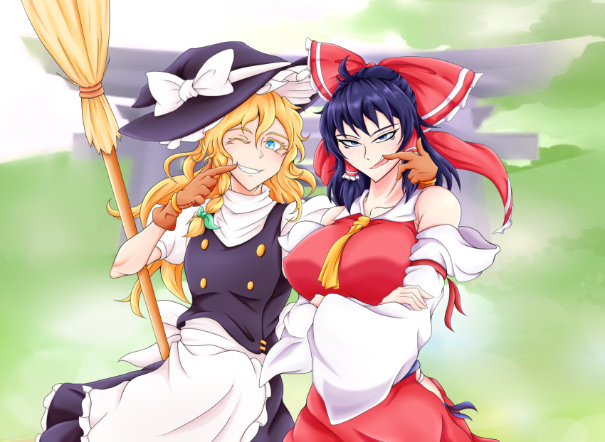 2girls alternate_breast_size black_dress black_hair blonde_hair blue_eyes bow breasts crossed_arms detached_sleeves dress fingersmile grin hair_bow hair_tubes hakurei_reimu hat japanese_clothes kirisame_marisa large_breasts messy_hair miko multiple_girls smile touhou wavy_hair witch_hat xian_gu