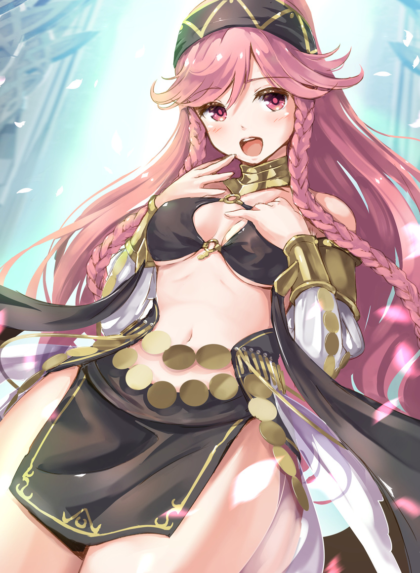 1girl armlet blush braid breasts cleavage collar cowboy_shot fire_emblem fire_emblem:_kakusei fire_emblem_heroes hairband hand_on_own_chest highres long_hair looking_at_viewer medium_breasts midriff navel o-ring_top olivia_(fire_emblem) open_mouth pelvic_curtain petals pink_eyes pink_hair sash smile solo tayashitsu twin_braids