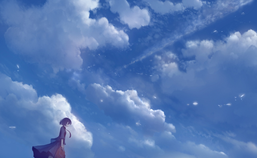 1girl ahoge bangs blue_sky clouds cloudy_sky commentary_request day dress from_side necktie original outdoors sakimori_(hououbds) scenery short_hair sky solo standing