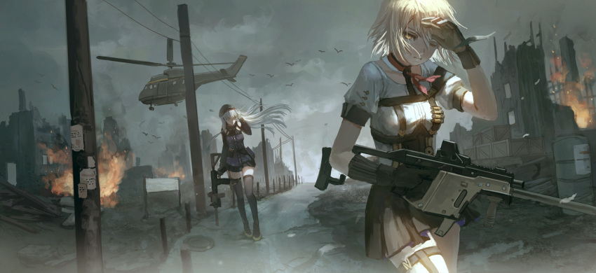 2girls aircraft assault_rifle bird black_legwear brown_eyes building choker city clouds cloudy_sky drum_(container) fire girls_frontline gloves grey_sky gun hand_to_forehead hand_to_head heckler_&amp;_koch helicopter hk416 hk416_(girls_frontline) holding holding_gun holding_weapon jacket kriss_vector long_hair looking_to_the_side multiple_girls one_eye_closed outdoors rifle ruins short_hair sky spotlight suppressor telephone_pole thigh-highs vector_(girls_frontline) walking weapon white_hair wind xukong zettai_ryouiki