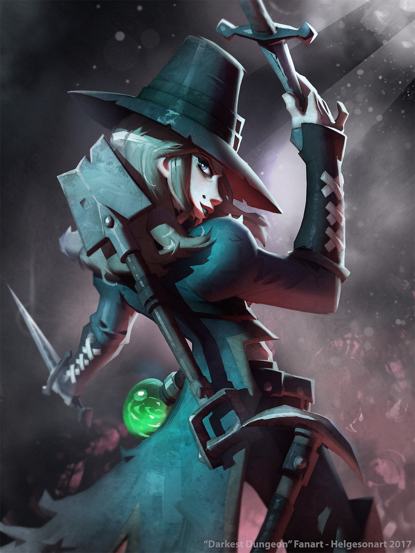 1girl artist_name black_hat blue_eyes copyright_name darkest_dungeon dated dual_wielding graverobber_(darkest_dungeon) grey_hair hat highres johannes_helgeson knife looking_back mole_above_mouth pickaxe potion shovel solo standing throwing_knife watermark worktool