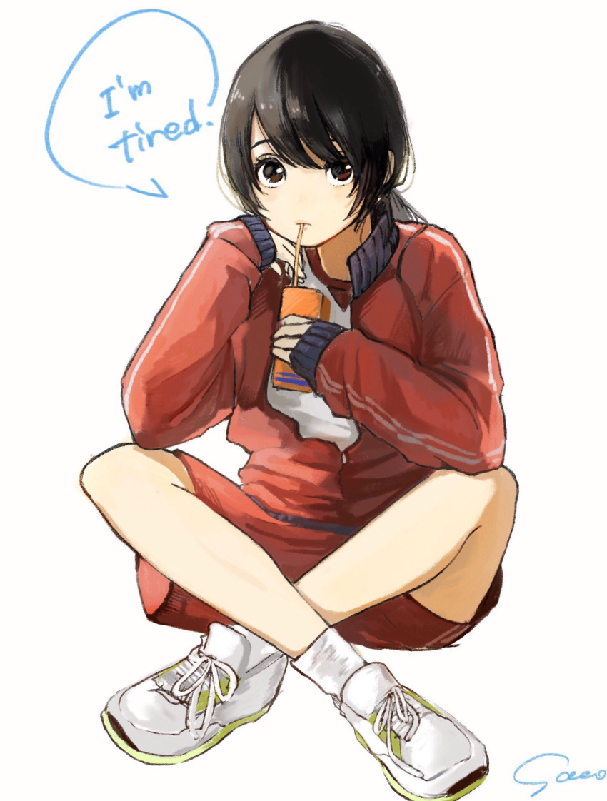 1girl bangs black_hair brown_eyes commentary_request drinking_straw english full_body gym_uniform highres indian_style jacket juice_box long_hair long_sleeves looking_at_viewer original ponytail red_jacket sako_(user_ndpz5754) school_uniform shirt shoes signature simple_background sipping sitting socks solo speech_bubble track_jacket track_suit unzipped white_background white_legwear white_shirt