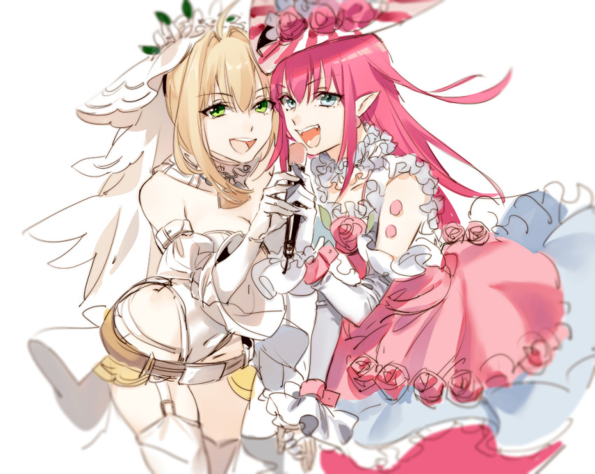 &gt;:d 2girls :d ahoge blonde_hair blush breasts bridal_veil cleavage cowboy_shot detached_sleeves dress elbow_gloves fate/extra fate/extra_ccc fate_(series) frilled_dress frills garter_straps gloves green_eyes grey_eyes hair_intakes hat hug_(yourhug) lancer_(fate/extra_ccc) leaning_forward leotard lock looking_at_viewer microphone multiple_girls music open_mouth padlock pink_dress pointy_ears redhead saber_bride saber_extra singing smile thigh-highs veil white_gloves white_legwear white_leotard
