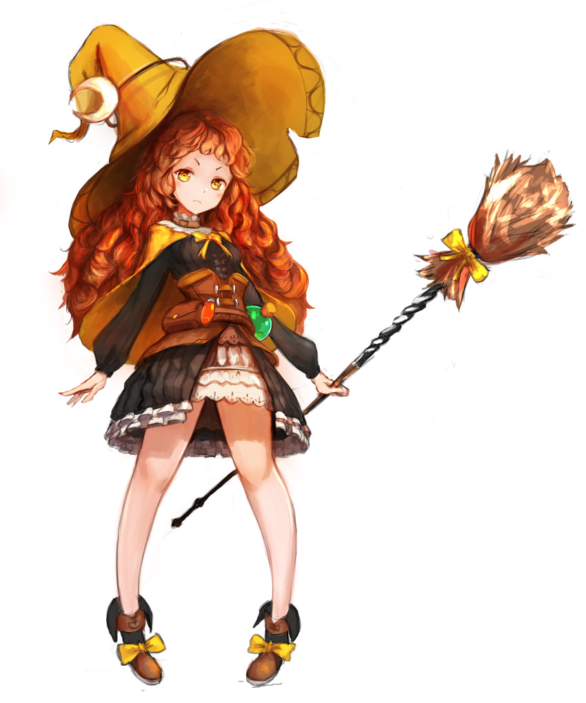1girl absurdres black_skirt broom brown_footwear brown_hair full_body hat highres holding holding_broom long_hair potion rinu99 shoes sketch skirt solo standing tree_of_savior witch_hat wizard_(tree_of_savior) yellow_cape yellow_eyes yellow_hat