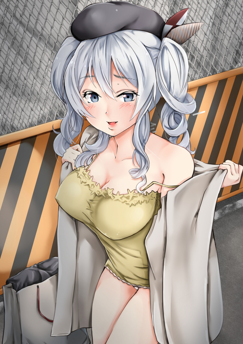 1girl :d alternate_costume bag beret black_hat black_legwear black_miniskirt blue_eyes breasts cleavage collarbone commentary_request hat highres jacket kantai_collection kashima_(kantai_collection) large_breasts long_hair long_sleeves miniskirt mitsukoshi_(department_store) open_mouth sezoku shopping_bag silver_hair skirt smile solo tsurime twintails two_side_up wavy_hair white_jacket