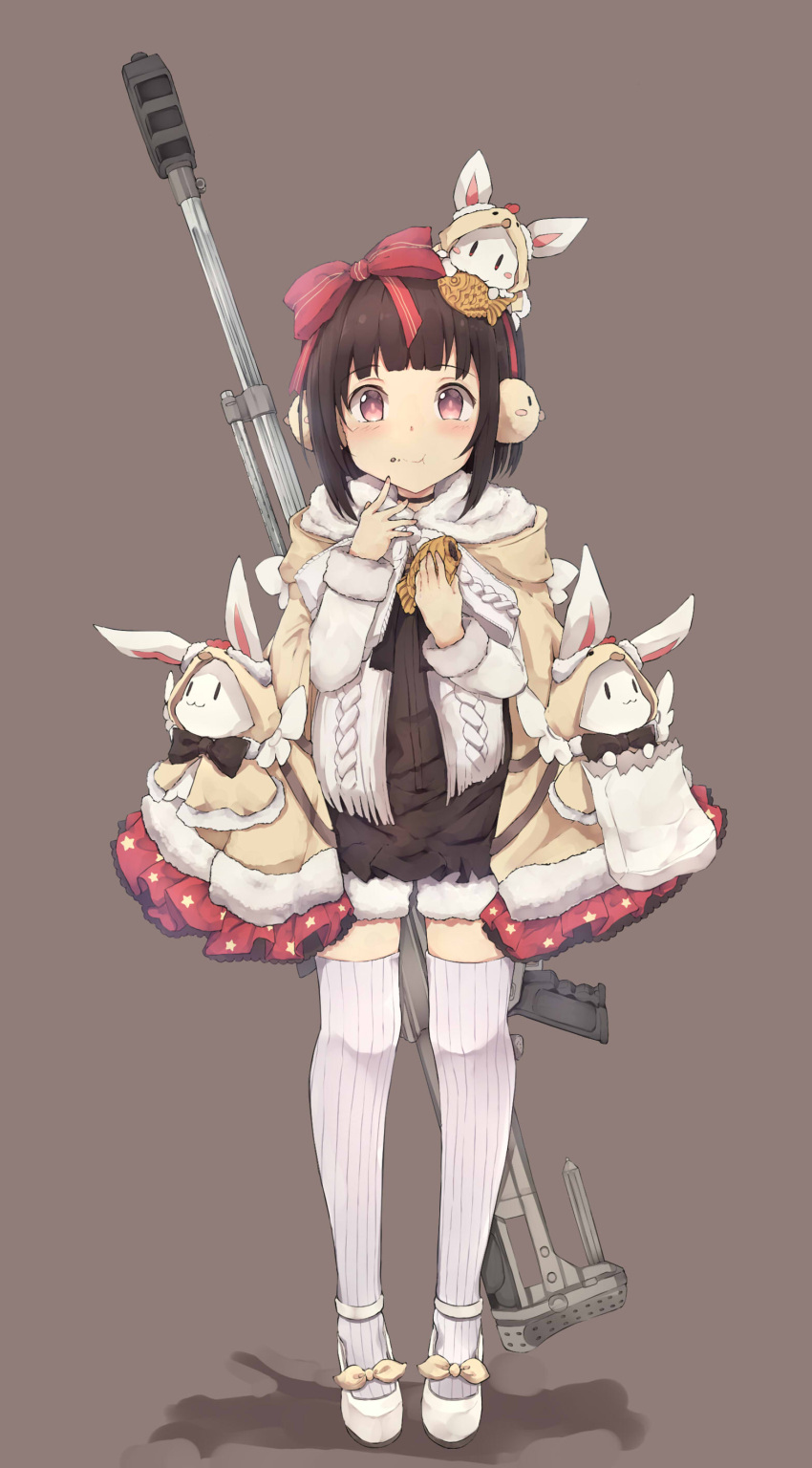 1girl :t absurdres ahokoo bangs barrett_m99 blunt_bangs blush bow brown_background brown_hair closed_mouth coat earmuffs eating food girls_frontline gun hair_bow hands_up highres holding holding_food looking_at_viewer m99_(girls_frontline) rabbit red_bow rifle short_hair sidelocks simple_background sniper_rifle solo striped striped_legwear taiyaki tareme thigh-highs thighs vertical-striped_legwear vertical_stripes wagashi weapon