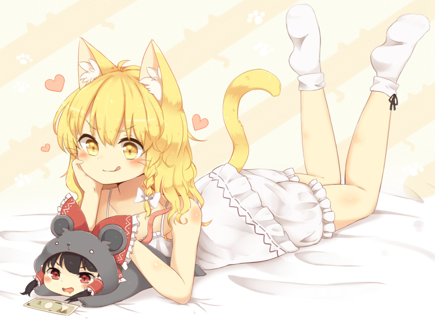 &gt;:d &gt;:q 2girls :d :q ahoge alternate_costume animal_costume animal_ears bare_arms bare_shoulders black_hair blonde_hair bloomers blush bow braid cat_ears cat_tail chemise commentary drooling full_body hair_bow hair_tubes hakurei_reimu heart kemonomimi_mode kirisame_marisa large_bow long_hair minigirl money mouse_costume mouse_tail multiple_girls open_mouth paw_print petting red_eyes riza_dxun side_braid single_braid smile socks soles tail tongue tongue_out touhou underwear underwear_only wavy_hair whiskers yellow_eyes yuri