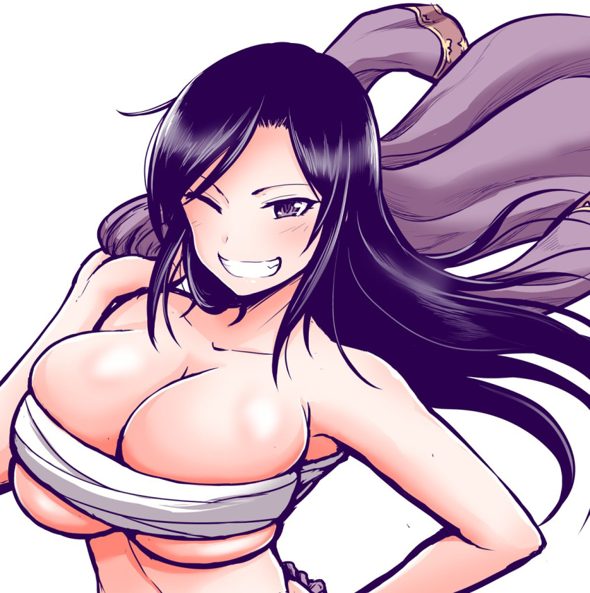 1girl bare_shoulders blush breasts cleavage collarbone grin hand_on_hip highres idolmaster idolmaster_cinderella_girls jacket jacket_over_shoulder kanno_takanori large_breasts long_hair looking_at_viewer monochrome mukai_takumi one_eye_closed sarashi simple_background skindentation smile solo teeth upper_body white_background wind wind_lift