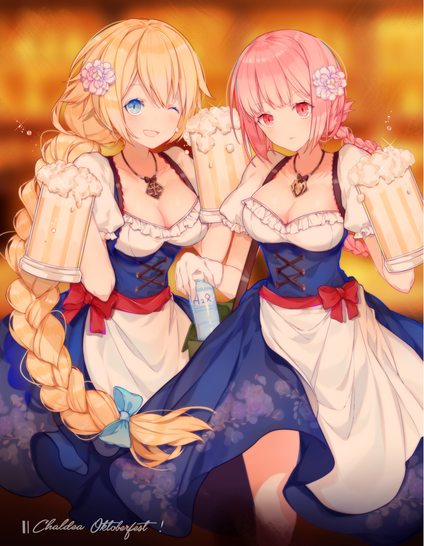 2girls ;d absurdres alcohol alternate_costume apron backlighting bag bangs beer beer_mug blonde_hair blue_bow blue_dress blue_eyes blunt_bangs blurry blurry_background bottle bow braid breasts closed_mouth collarbone colored_eyelashes cowboy_shot dirndl dress fate/grand_order fate_(series) floral_print florence_nightingale_(fate/grand_order) flower frilled_sleeves frills german_clothes glint gloves hair_bow hair_flower hair_ornament highres holding holding_bottle janne_d'arc jewelry large_breasts long_hair medium_breasts miyuki_(miyuki_05290) multiple_girls necklace one_eye_closed open_mouth pendant pink_hair puffy_short_sleeves puffy_sleeves red_bow red_eyes sash short_sleeves single_braid single_glove smile sparkle standing waist_apron water_bottle white_apron white_gloves