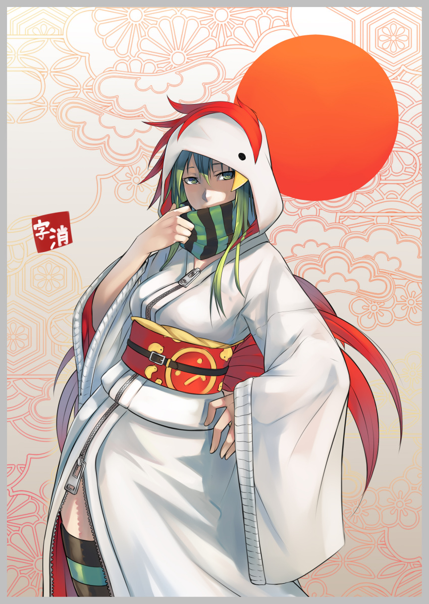 1girl 2017 absurdres bird breasts chicken cowboy_shot furisode green_eyes green_hair highres hood hoodie japanese_clothes jikeshi kimono large_breasts long_hair long_sleeves looking_at_viewer nengajou new_year original rooster solo wide_sleeves year_of_the_rooster