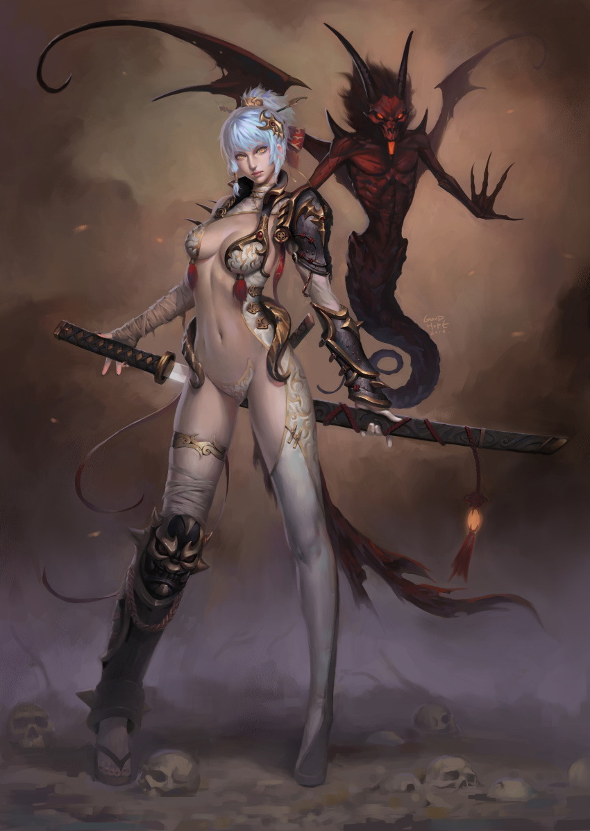 1girl absurdres arm_wrap arms_at_sides blue_hair blurry blurry_background boots breasts cleavage contrapposto demon flying full_body hair_ornament hair_ribbon hair_stick hair_tubes head_tilt highres holding holding_weapon horns katana kojiri leg_garter looking_at_viewer navel pauldrons realistic revealing_clothes ribbon sageo same-hada sandals saya_(scabbard) shin_guards single_sandal single_thighhigh skull slim_waist standing sword sword_behind_back tassel thigh-highs thigh_boots thighs toenail_polish tony_wang tress_ribbon tsuba_(guard) tsuka-ito tsuka_(handle) vambraces weapon white_legwear yellow_eyes