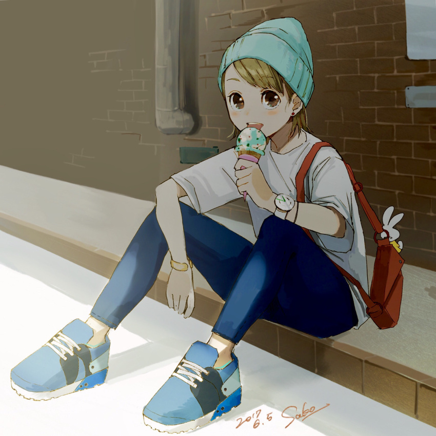 1girl bag bangs beanie blonde_hair blue_footwear blue_pants blush bracelet brown_eyes commentary_request dated day doll earrings eating food hat highres holding holding_food ice_cream jewelry licking looking_at_viewer original outdoors pants sako_(user_ndpz5754) shade shirt shoes short_hair short_sleeves shoulder_bag signature sitting smile solo swept_bangs tongue tongue_out watch watch white_shirt