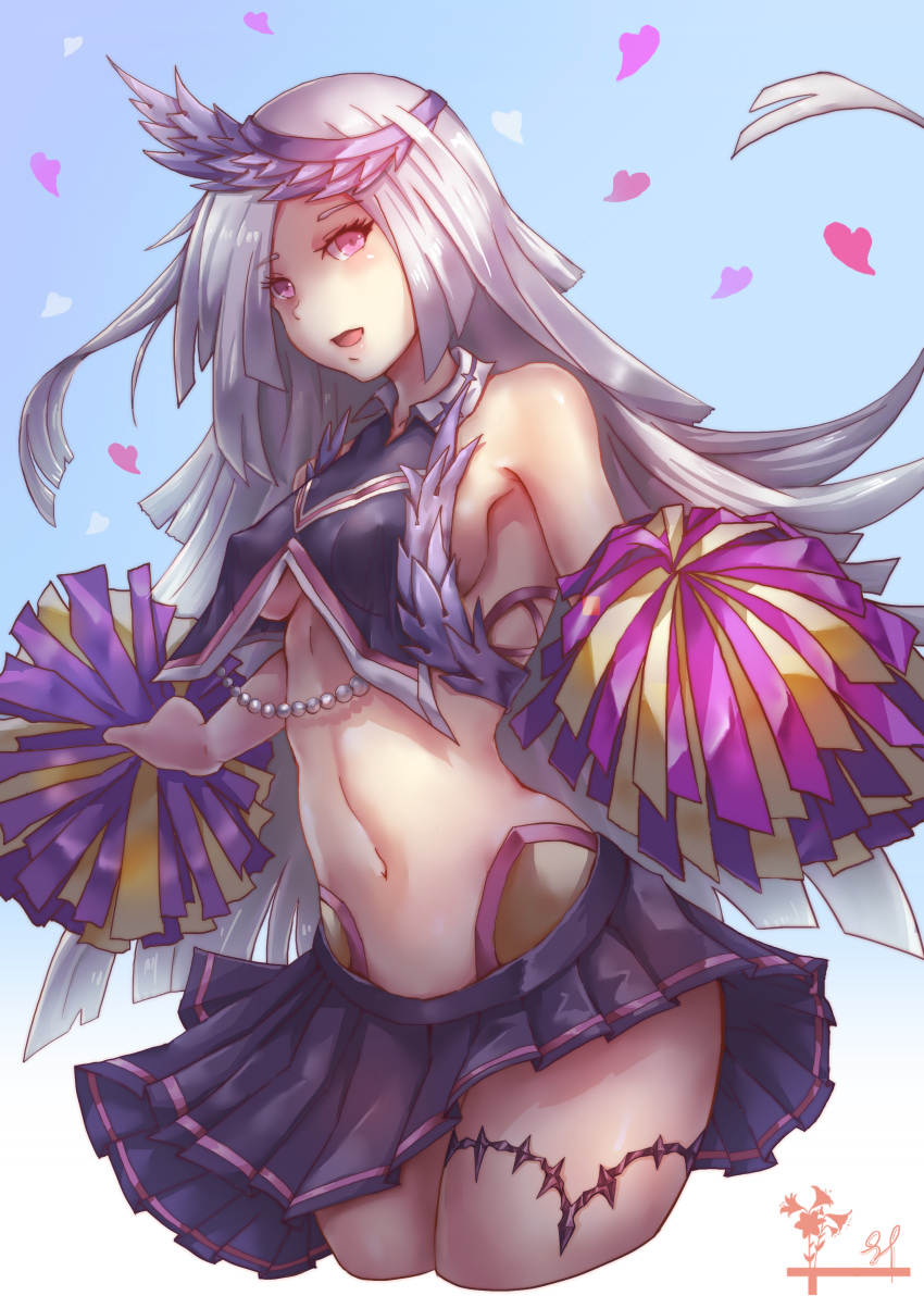 1girl absurdres armpits bare_shoulders black_skirt blush breasts cheerleader cowboy_shot crop_top crop_top_overhang fate/grand_order fate_(series) headgear heart highres lancer_(fate/prototype_fragments) long_hair looking_at_viewer navel parted_lips pom_poms silver_hair skirt small_breasts smile solo stomach very_long_hair violet_eyes yuureiko