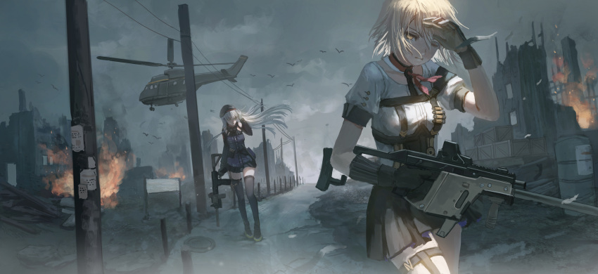 2girls aircraft assault_rifle bird black_legwear brown_eyes building choker city clouds cloudy_sky drum_(container) fire girls_frontline gloves grey_sky gun hand_to_forehead hand_to_head heckler_&amp;_koch helicopter highres hk416 hk416_(girls_frontline) holding holding_gun holding_weapon jacket kriss_vector long_hair looking_to_the_side multiple_girls one_eye_closed outdoors rifle ruins short_hair sky spotlight suppressor telephone_pole thigh-highs vector_(girls_frontline) walking weapon white_hair wind xukong zettai_ryouiki