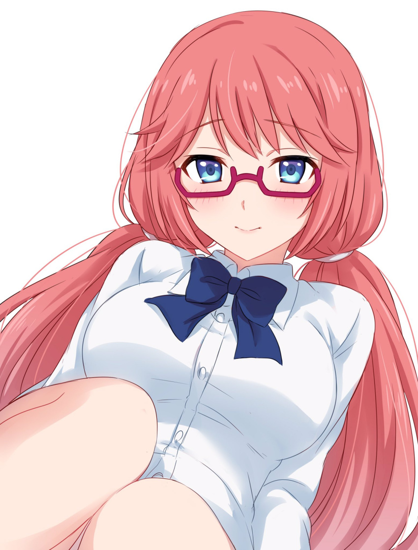 1girl bangs blue_eyes blue_ribbon blush breasts closed_mouth collared_shirt commentary_request dress_shirt eyebrows_visible_through_hair highres large_breasts long_hair long_sleeves looking_at_viewer neck_ribbon pink-framed_eyewear pink_hair ribbon sakura_airi sekina shirt simple_background sitting solo white_background white_shirt youkoso_jitsuryoku_shijou_shugi_no_kyoushitsu_e