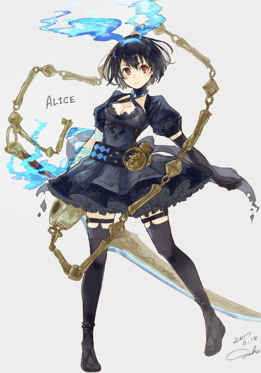 &gt;:| 1girl alice_(sinoalice) belt black_dress black_footwear black_gloves black_hair black_legwear breasts character_name choker closed_mouth commentary dated dress elbow_gloves eyebrows_visible_through_hair frilled_dress frills gloves grey_background hairband halterneck highres huge_weapon looking_at_viewer magic medium_breasts red_eyes sako_(user_ndpz5754) shoes short_hair signature simple_background sinoalice solo standing thigh-highs weapon