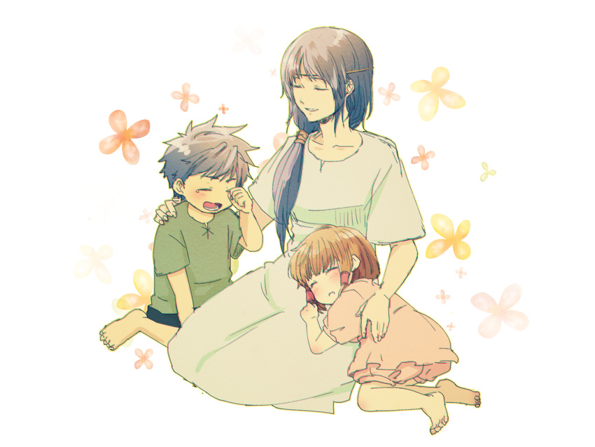 1boy 2girls brother_and_sister brown_hair closed_eyes fire_emblem fire_emblem:_souen_no_kiseki highres ike mist_(fire_emblem) mother_and_daughter mother_and_son multiple_girls nishimura_(nianiamu) short_hair siblings sleeping smile younge