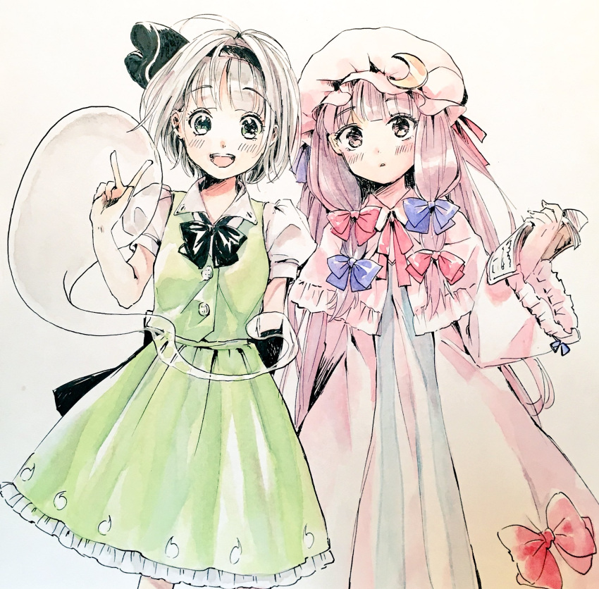 2girls :d :o bangs black_ribbon blue_ribbon blunt_bangs blush book bow capelet commentary_request crescent crescent_moon_pin dress eyebrows_visible_through_hair green_dress green_eyes grey_background grey_hair hair_bow hair_ribbon hairband hand_up hat highres holding holding_book konpaku_youmu konpaku_youmu_(ghost) long_dress long_hair long_sleeves looking_at_viewer multiple_girls neck_ribbon open_book open_mouth parted_lips patchouli_knowledge pillow_hat pink_dress puffy_short_sleeves puffy_sleeves purple_hair red_ribbon ribbon short_hair short_sleeves simple_background smile standing touhou traditional_media tress_ribbon v vanilla_(miotanntann) very_long_hair violet_eyes wide_sleeves