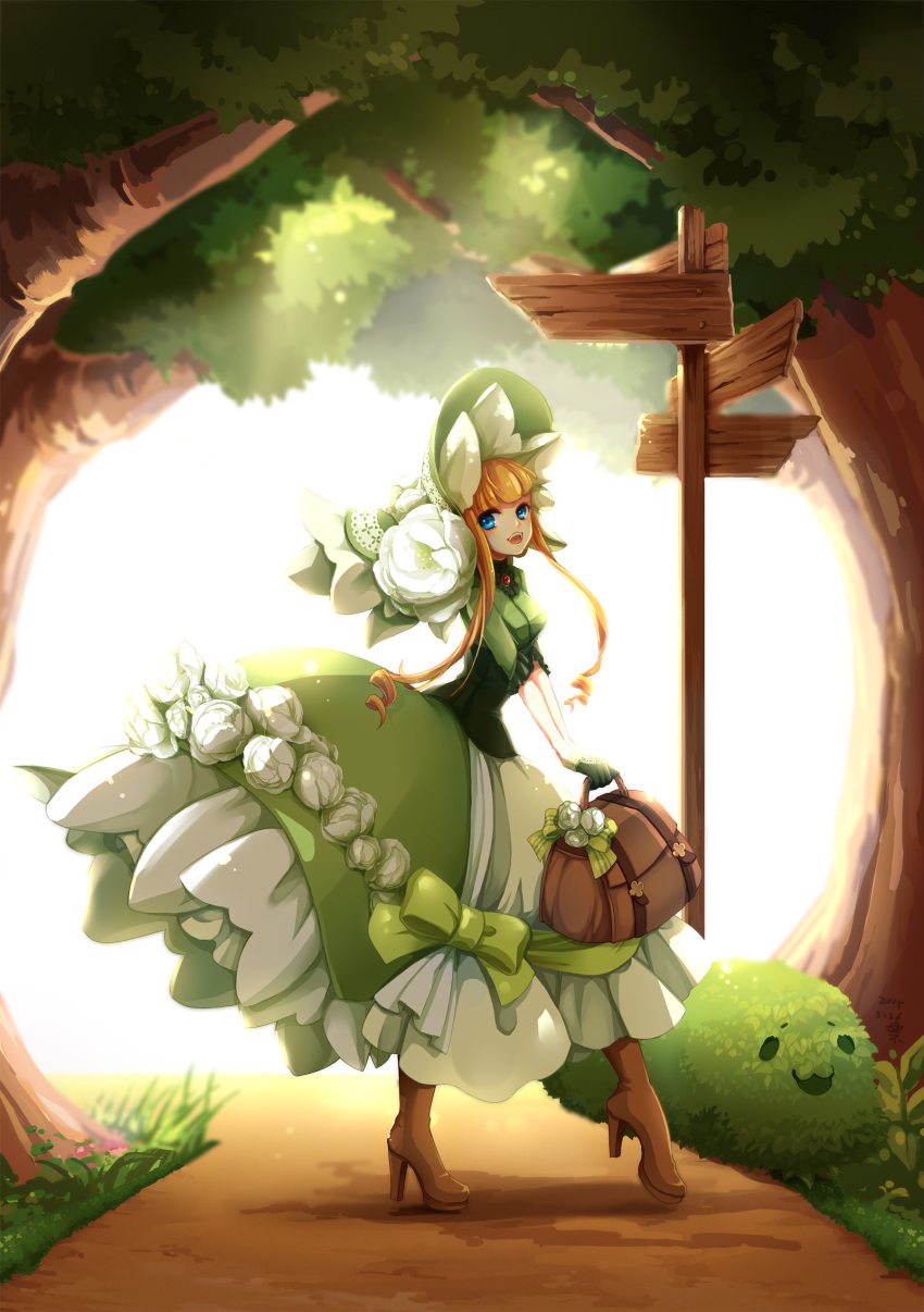 1girl :d absurdres bag blonde_hair bonnet boots bow brown_footwear bush day dress flower gloves green_bow green_dress green_gloves hat hat_flower high_heel_boots high_heels highres kinnohome layered_dress long_hair looking_at_viewer open_mouth outdoors path road signpost smile solo standing tree