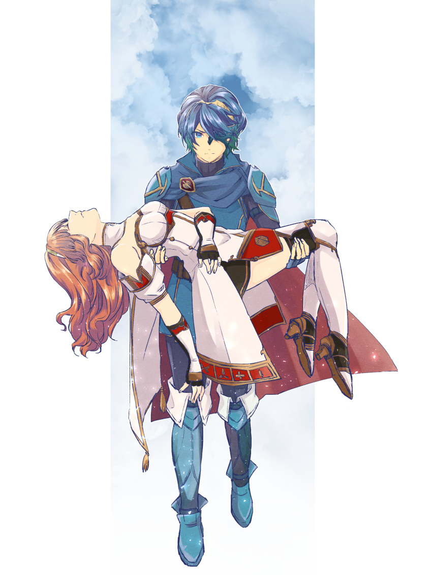 2girls armor armored_boots belt blue_eyes blue_hair boots breasts cape carrying celica_(fire_emblem) circlet closed_eyes dress fingerless_gloves fire_emblem fire_emblem:_kakusei fire_emblem_echoes:_mou_hitori_no_eiyuuou fire_emblem_heroes gloves hair_between_eyes half_mask highres long_hair looking_at_viewer marth_(fire_emblem:_kakusei) mask medium_breasts multiple_girls nishimura_(nianiamu) one_eye_covered orange_hair princess_carry short_hair unconscious