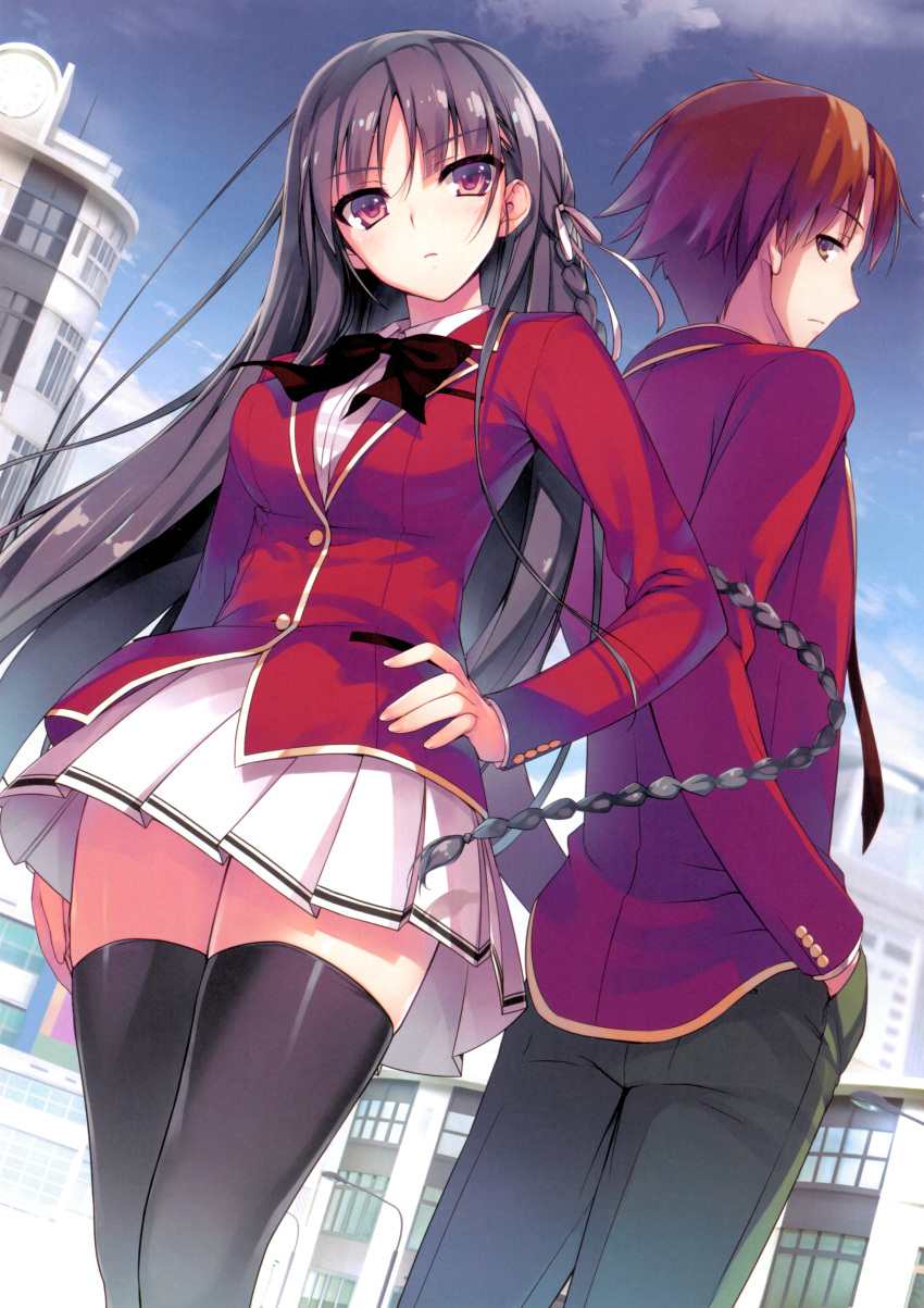 1boy 1girl absurdres ayanokouji_kiyotaka bangs black_hair black_legwear blazer blue_sky braid breasts brown_eyes brown_hair building day eyebrows_visible_through_hair hand_on_hip hands_in_pockets highres horikita_suzune huge_filesize jacket long_hair long_sleeves looking_at_viewer looking_back medium_breasts official_art outdoors pants pleated_skirt ribbon scan school_uniform skirt sky thigh-highs tomose_shunsaku youkoso_jitsuryoku_shijou_shugi_no_kyoushitsu_e zettai_ryouiki