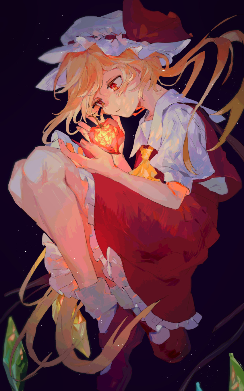 1girl blonde_hair crystal fetal_position flandre_scarlet hat highres isshin_(kaxz) long_hair mob_cap neckerchief red_eyes side_ponytail skirt solo touhou wings