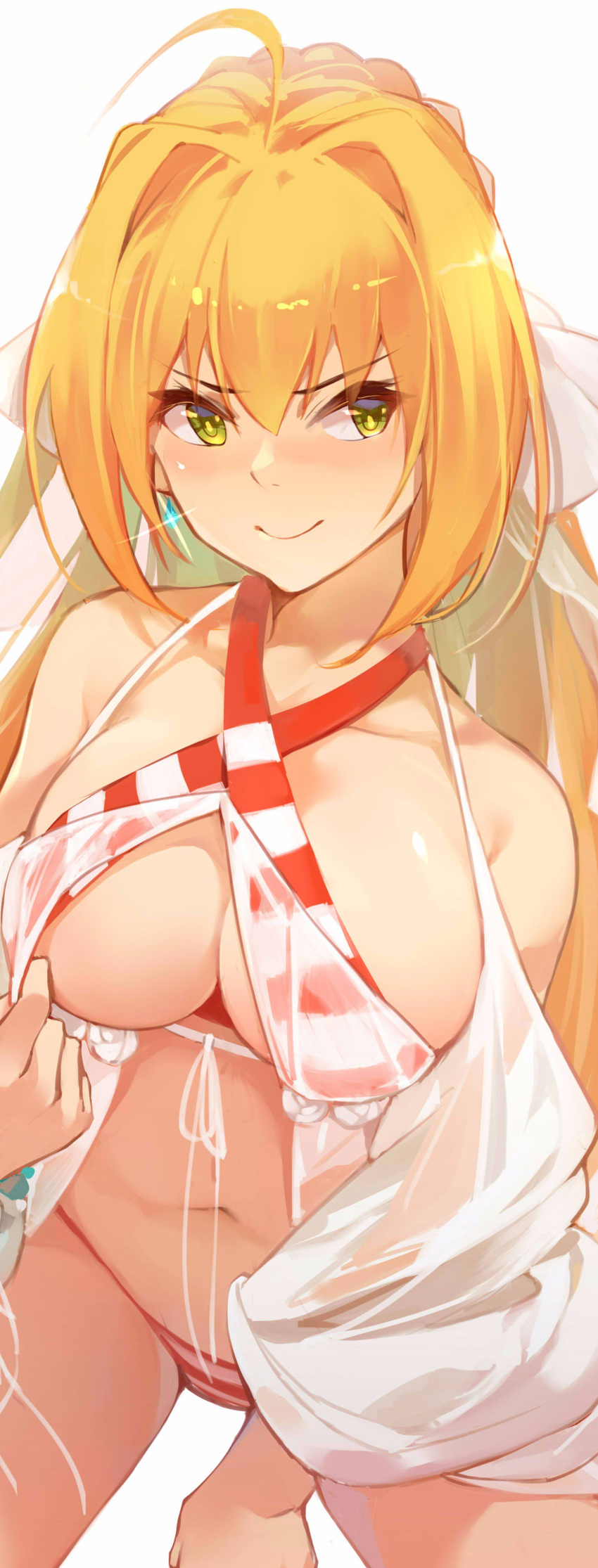 &gt;:) 1girl absurdres ahoge bare_shoulders between_legs bikini braid breasts cleavage closed_mouth cowboy_shot criss-cross_halter elbow_gloves fate/grand_order fate_(series) front-tie_top glint gloves green_eyes hair_between_eyes hair_intakes hair_ribbon halterneck hana_mori hand_between_legs highres large_breasts long_hair navel nero_claudius_(swimsuit_caster)_(fate) ribbon saber_extra simple_background single_elbow_glove smile solo striped striped_bikini swimsuit white_background wide_sleeves