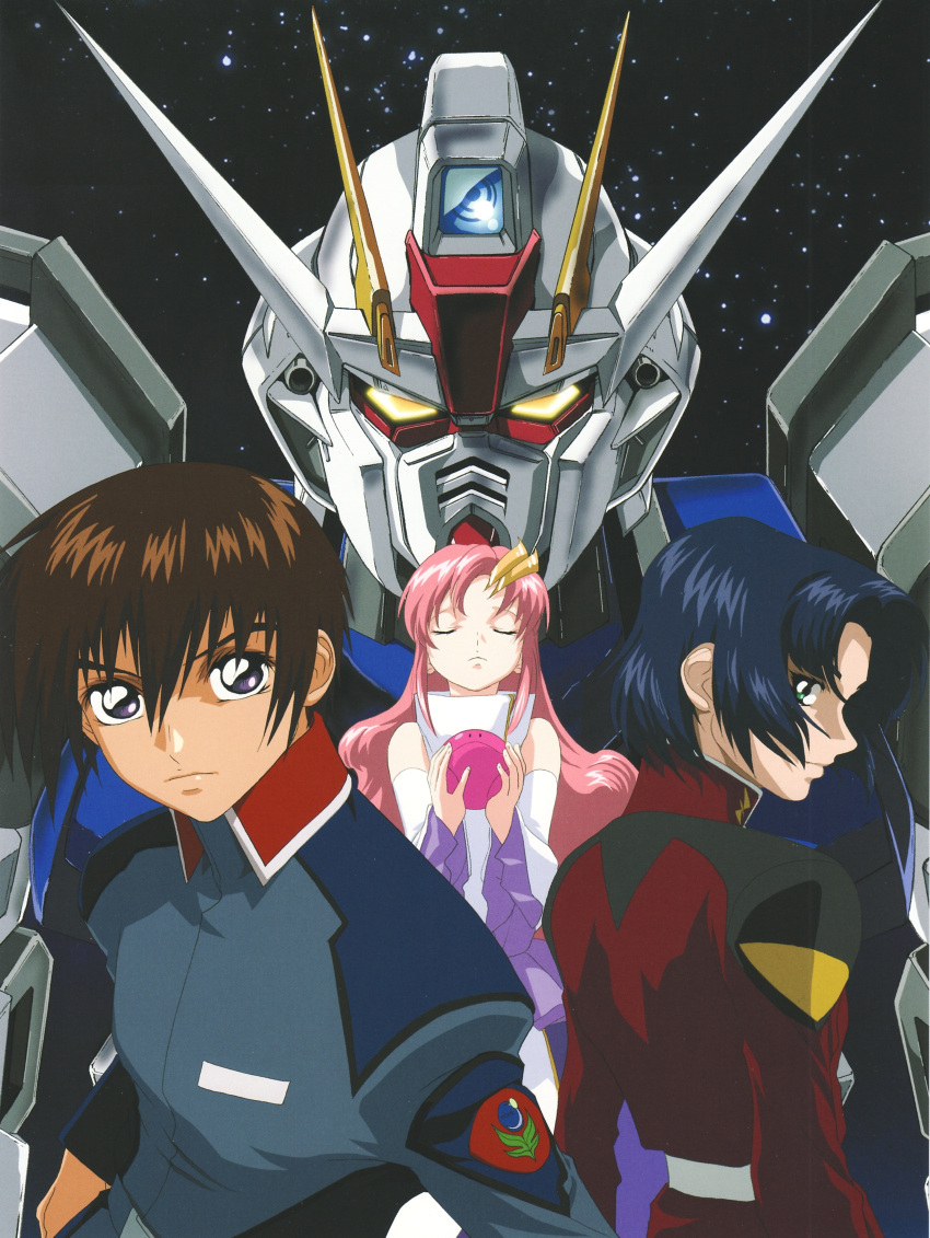 athrun_zala blue_hair brown_hair closed_eyes dress green_eyes gundam gundam_seed haro highres kira_yamato lacus_clyne long_hair mecha military military_uniform pink_hair purple_eyes short_hair space strike_gundam uniform violet_eyes