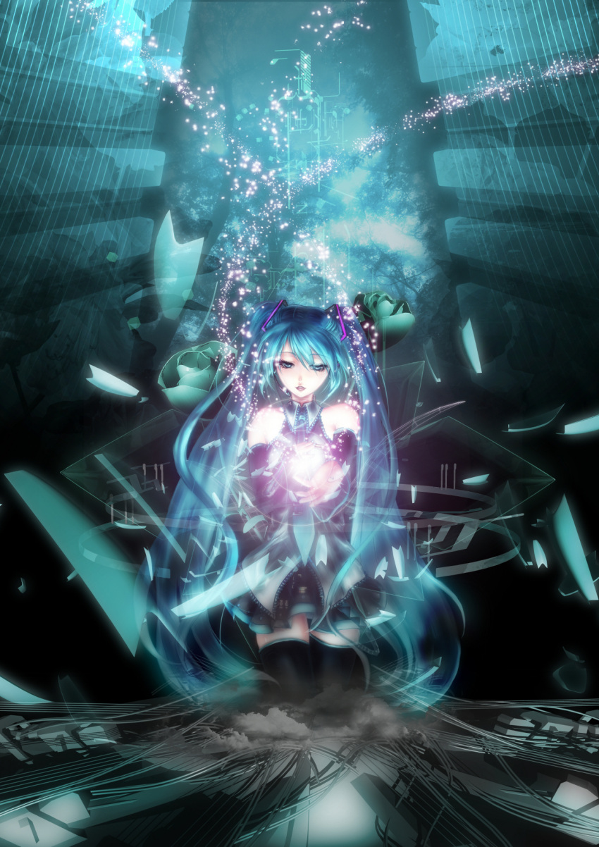 blue_hair detached_sleeves flower hatsune_miku headset highres long_hair necktie rose roses saiun_hanatsubasa skirt thigh-highs thighhighs twintails very_long_hair vocaloid zettai_ryouiki