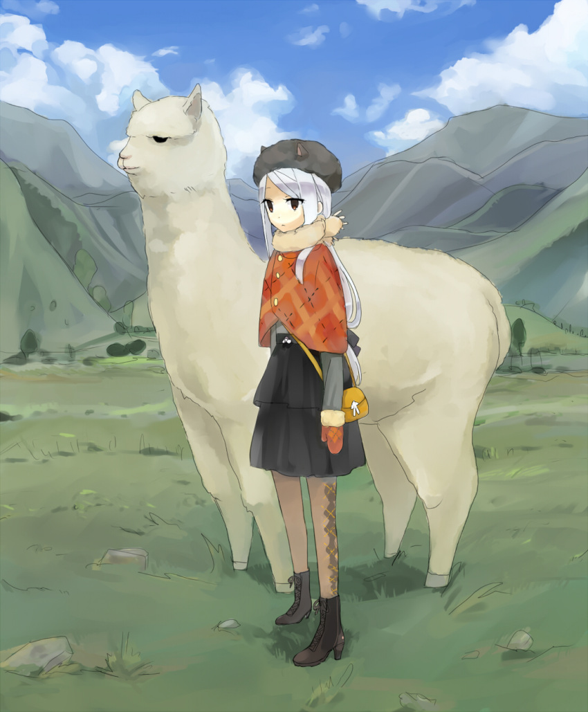 animal animal_ears ankle_boots boots cloud clouds gloves hat highres llama long_hair meadow mountain mountains pantyhose pouch scarf white_hair