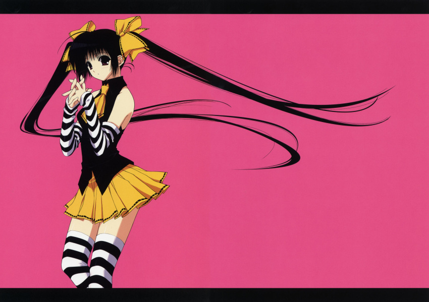 arm_warmers black_hair brown_eyes hair_ribbon hair_ribbons highres long_hair ribbon ribbons socks striped striped_legwear striped_socks suzuhira_hiro thigh-highs thighhighs twintails very_long_hair zettai_ryouiki