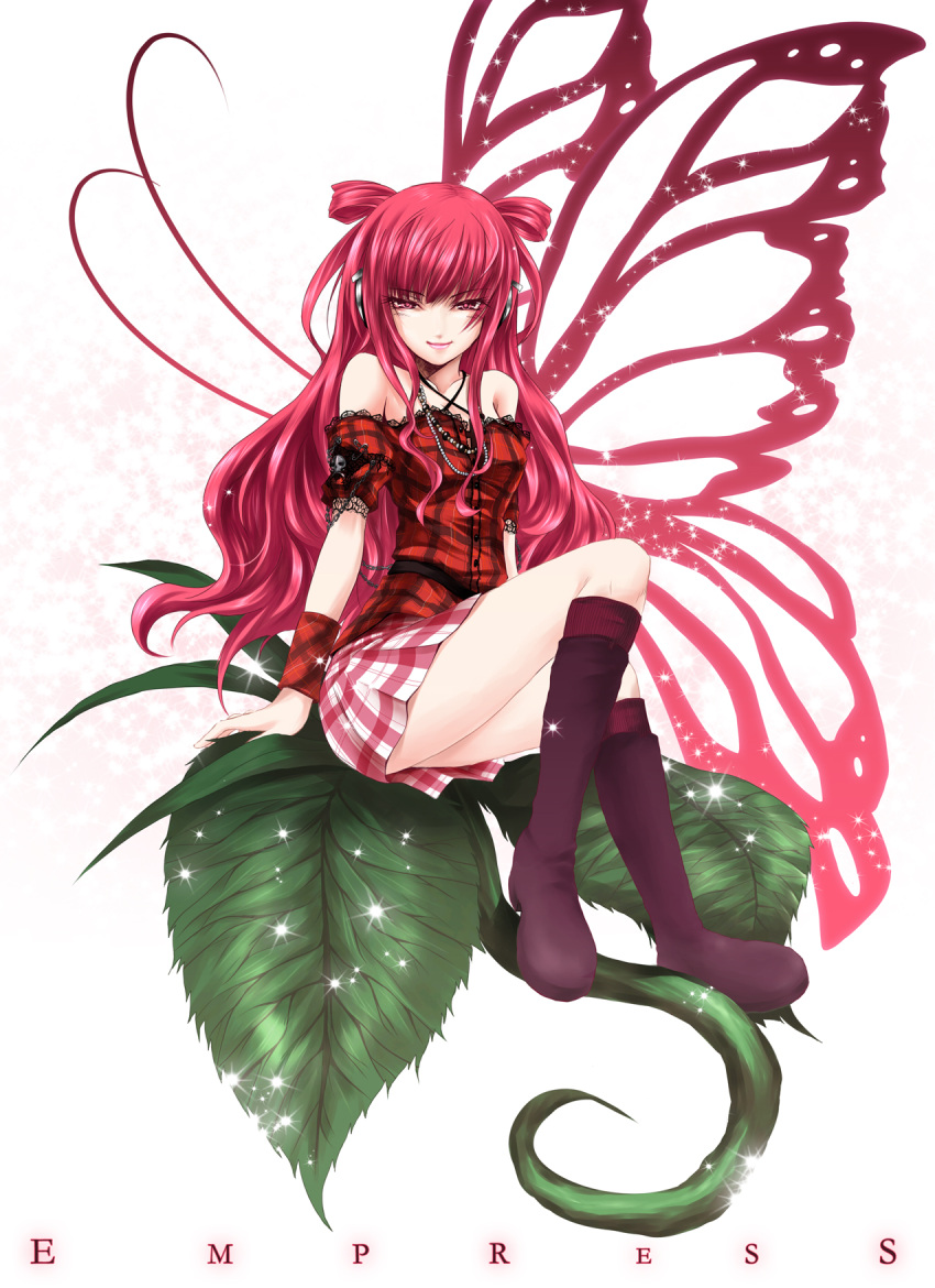 1girl bad_id bare_shoulders beatmania beatmania_iidx butterfly_wings fairy futami_kito gothic highres kito_(pixiv98689) long_hair oversized_object pink_eyes red_eyes red_hair redhead sitting skirt sparkle thighs two_side_up umegiri_ameto wings