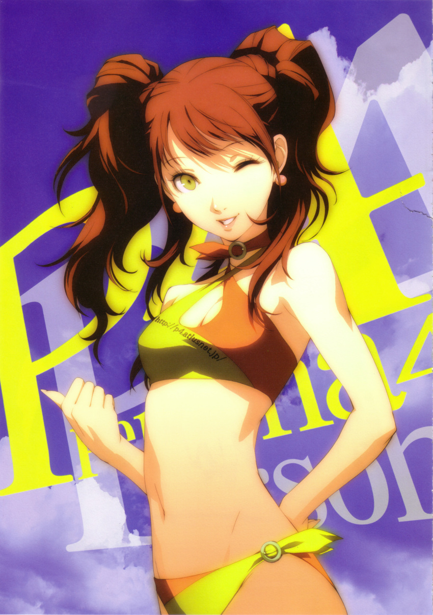 artbook bikini highres kujikawa_rise midriff official_art persona persona_4 red_hair redhead scan shigenori_soejima smile soejima_shigenori swimsuit twintails wink yellow_eyes