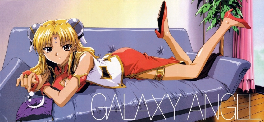 brown_eyes china_dress chinadress chinese_clothes couch crystal_ball galaxy_angel high_heels long_hair military military_uniform on_stomach ranpha_franboise shoes sofa solo uniform