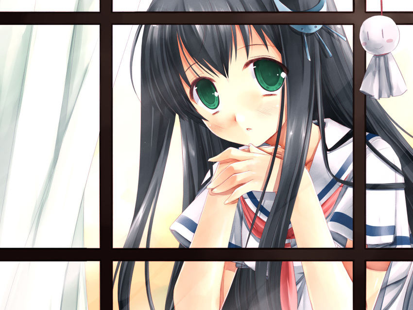black_hair chiyokawa_rin green_eyes hair_ornament hairclip highres school_uniform teruterubouzu wallpaper window