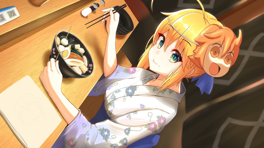 1girl ahoge artoria_pendragon_(all) blonde_hair blush bowl breasts chopsticks closed_mouth commentary_request damao_yu dutch_angle eating eyebrows_visible_through_hair fate/grand_order fate/stay_night fate_(series) floral_print food food_on_face food_request fujimaru_ritsuka_(female) green_eyes hair_bun highres japanese_clothes kimono looking_at_viewer mask mask_on_head medium_breasts nabe napkin pepper_shaker revision riyo_(lyomsnpmp)_(style) saber salt_shaker shiny shiny_hair sitting solo wide_sleeves