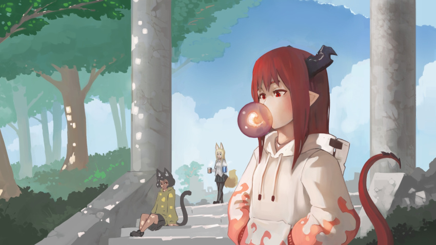 3girls animal_ears arm_support bangs black_footwear black_hair black_legwear black_shirt black_skirt blonde_hair blue_sky blush breathing_fire bubble_blowing cat_ears cat_girl cat_tail clouds cloudy_sky column day dragon_girl dragon_horns dragon_tail drink fire forest fox_ears fox_girl fox_tail grass hands_in_pockets highres holding hood hood_down hoodie horns long_hair long_sleeves looking_at_another looking_down multiple_girls nature original outdoors paintrfiend pantyhose pillar pleated_skirt pointy_ears red_eyes redhead shirt shoes short_hair short_sleeves sitting skirt sky stairs standing tail walking white_hoodie yellow_hoodie