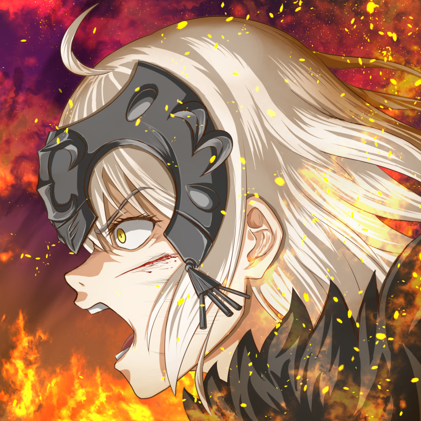 1girl ahoge angry azumajin blonde_hair blood blood_on_face embers eyebrows_visible_through_hair fate/grand_order fate_(series) headpiece highres jeanne_alter open_mouth ruler_(fate/apocrypha) solo teeth tongue yellow_eyes