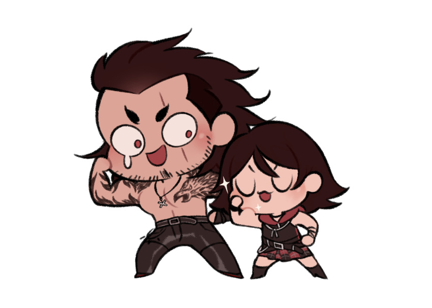 1boy 1girl beard belt biceps brother_and_sister chibi closed_eyes facial_hair final_fantasy final_fantasy_xv flexing gladiolus_amicitia highres hood hoodie iris_amicitia jewelry necklace pose priscilla_(bampshi) scarf short_hair siblings skirt sparkle tattoo wristband