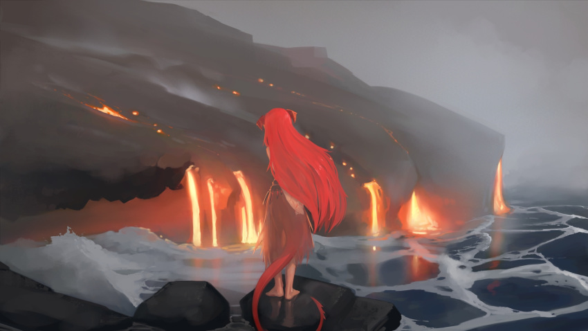 1girl bare_shoulders barefoot brown_skirt day dragon_girl dragon_horns dragon_tail facing_away foam from_behind highres horns long_hair molten_rock ocean original outdoors paintrfiend redhead scenery skirt solo standing steam tail torn_clothes very_long_hair water waves