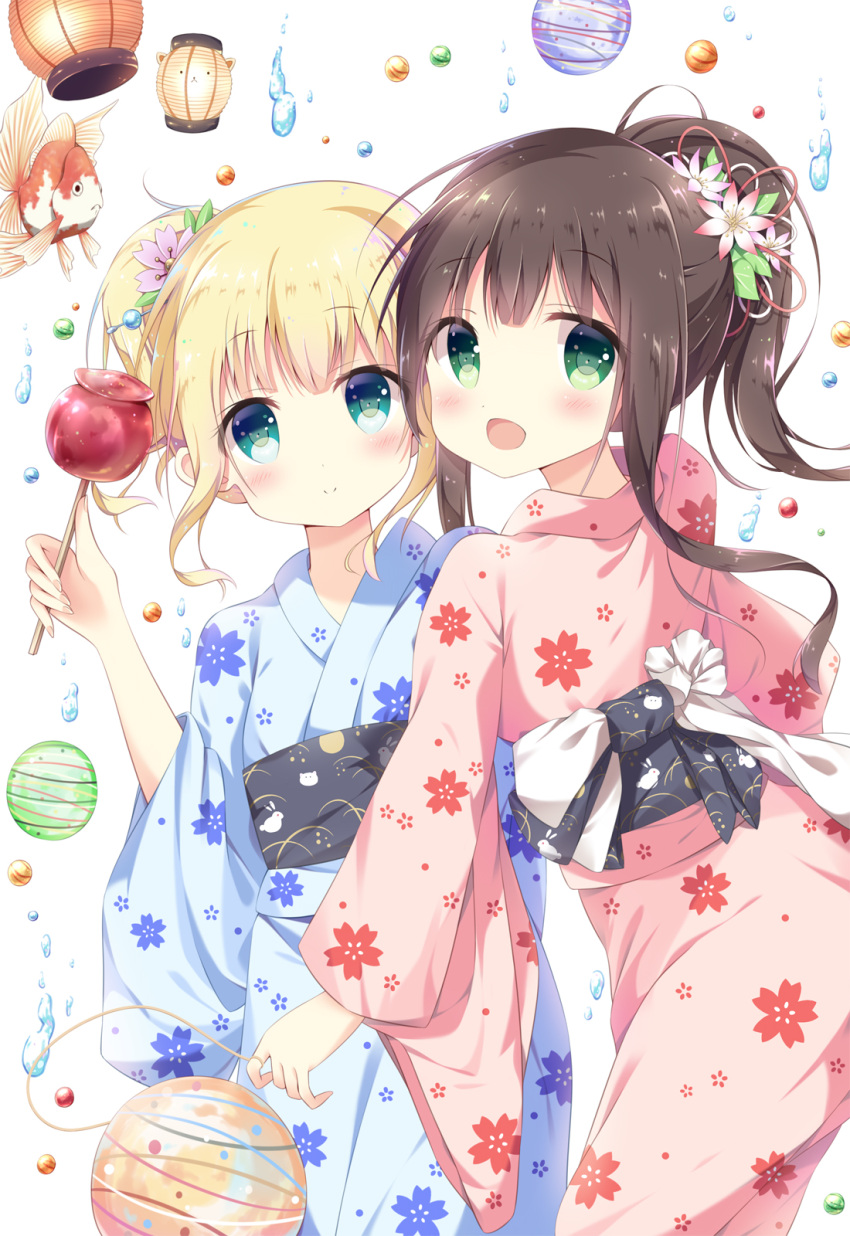 2girls :d animal_print aqua_eyes bangs blue_kimono blunt_bangs blush bunny_print candy_apple cherry_blossom_print closed_mouth commentary_request cowboy_shot eyebrows_visible_through_hair flat_chest flower food gochuumon_wa_usagi_desu_ka? green_eyes hair_flower hair_ornament hair_stick highres holding holding_food japanese_clothes kimono kirima_sharo koi long_hair looking_at_viewer marble multiple_girls obi open_mouth pink_kimono ponytail print_kimono sash short_hair sidelocks smile standing sui-95 tippy_(gochiusa) ujimatsu_chiya water_drop white_background yukata