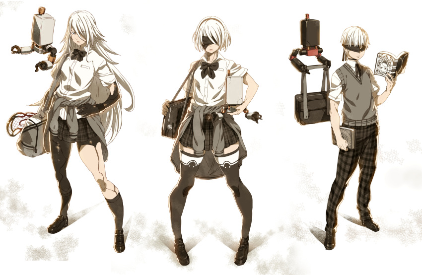1boy 2girls alternate_costume bag black_bow black_hairband black_legwear blindfold blue_eyes book bow checkered checkered_skirt clothes_around_waist commentary contemporary covered_eyes eyebrows_visible_through_hair full_body grimoire_weiss hairband hand_on_hip highres holding holding_book jacket_around_waist kneehighs loafers long_hair male_focus mole mole_under_mouth multiple_girls nier nier_(series) nier_automata one_eye_covered pants plaid plaid_pants plaid_skirt pleated_skirt pod_(nier_automata) ribbon school_bag school_uniform shoes short_hair short_sleeves simple_background skirt standing sweater sweater_around_waist sweater_vest tasaka_shinnosuke thigh-highs very_long_hair white_hair wristband yorha_no._2_type_b yorha_no._9_type_s yorha_type_a_no._2 zettai_ryouiki