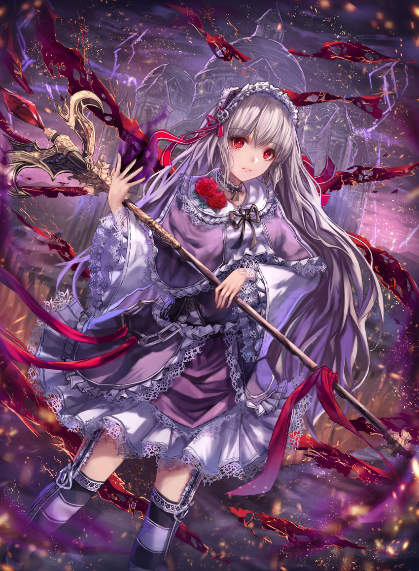 1girl absurdly_long_hair black_legwear eyebrows_visible_through_hair fireworks gothic_lolita grey_hair highres holding holding_staff lolita_fashion long_hair looking_at_viewer original red_eyes red_ribbon ribbon solo staff striped striped_legwear thigh-highs very_long_hair white_legwear yohaku