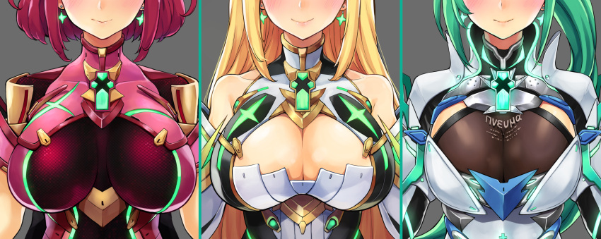 3girls armor bare_shoulders blonde_hair blush bodysuit breastplate breasts breasts_apart cleavage cleavage_cutout clothes_writing collarbone detached_sleeves earrings ereraero facing_viewer glowing grey_background head_out_of_frame highres mythra_(xenoblade) pyra_(xenoblade) impossible_bodysuit impossible_clothes jewelry large_breasts lips long_hair multiple_girls pneuma_(xenoblade) ponytail red_bodysuit redhead shiny short_hair shoulder_armor shoulder_pads sidelocks simple_background skin_tight smile straight_hair upper_body xenoblade_2