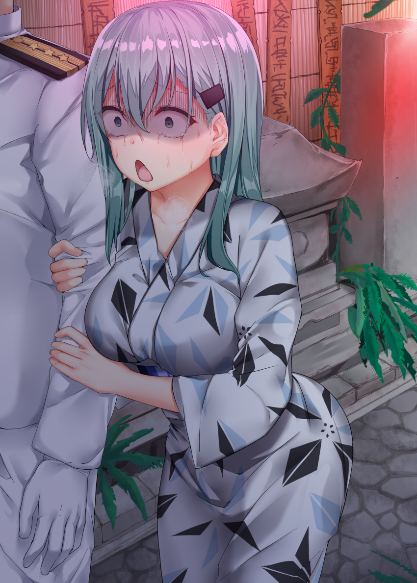 1boy 1girl absurdres admiral_(kantai_collection) arm_grab breasts commentary constricted_pupils crying crying_with_eyes_open epaulettes gloves green_eyes green_hair hair_between_eyes hair_ornament hairclip heavy_breathing highres japanese_clothes kantai_collection kimono large_breasts leaning_forward long_hair long_sleeves military military_uniform mujakuma naval_uniform night outdoors scared solo_focus sotoba star suzuya_(kantai_collection) sweat tears tombstone turn_pale uniform white_gloves yukata