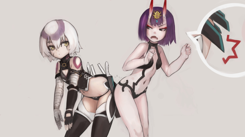 /\/\/\ 2girls ass assassin_of_black asymmetrical_gloves bandage bandaged_arm bangs bare_arms bare_shoulders black_legwear black_panties black_shirt breasts bumping cleavage_cutout clenched_hands closed_mouth cropped_shirt d: dagger diadem eyeshadow fang fate/apocrypha fate/grand_order fate_(series) fingerless_gloves gem gloves grey_background hair_between_eyes hands_up highres horns leaning_forward looking_at_another looking_at_viewer makeup midriff multiple_girls navel oni oni_horns open_mouth paintrfiend panties revealing_clothes shirt short_hair shoulder_tattoo shuten_douji_(fate/grand_order) simple_background single_fingerless_glove single_glove small_breasts standing tattoo thigh-highs underwear weapon white_hair yellow_eyes