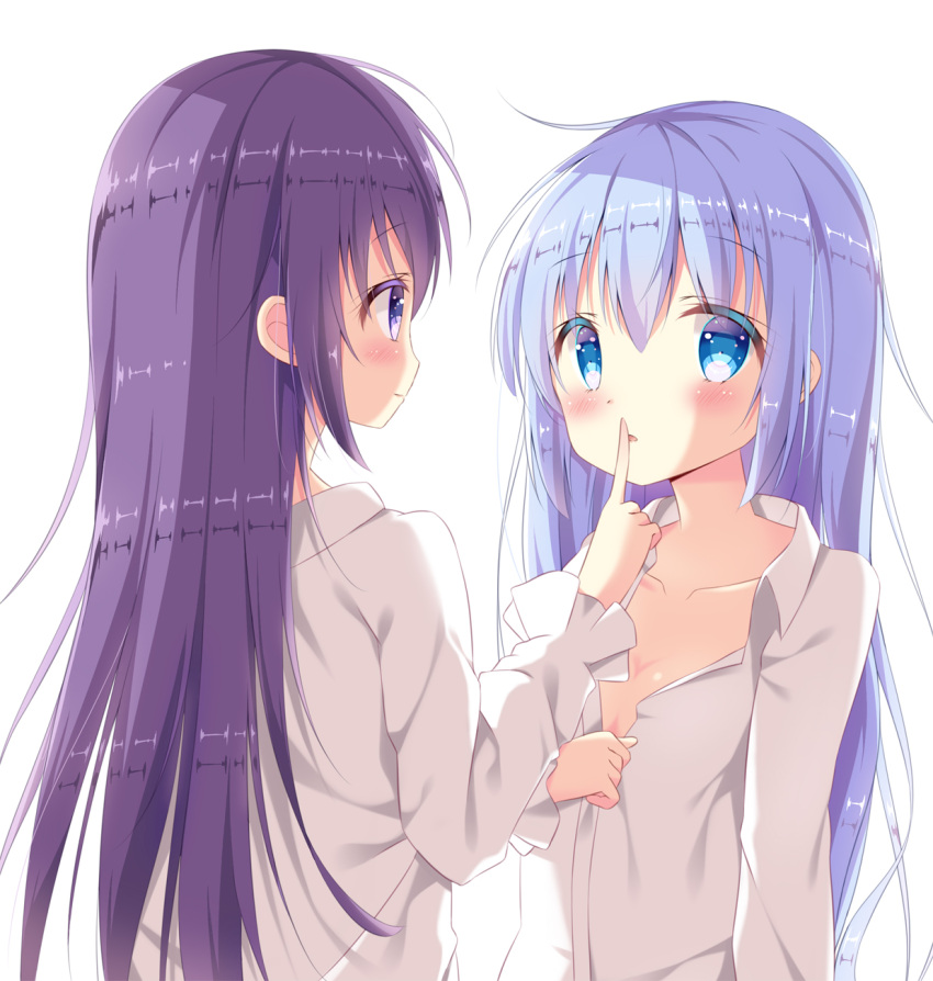 2girls bangs blue_eyes blush breasts cleavage closed_mouth collared_shirt dress_shirt finger_to_another's_mouth gochuumon_wa_usagi_desu_ka? hair_down highres kafuu_chino light_blue_hair long_hair long_sleeves looking_at_another multiple_girls parted_lips partially_unbuttoned purple_hair shirt sidelocks simple_background small_breasts smile sui-95 tedeza_rize upper_body violet_eyes white_background white_shirt wing_collar yuri