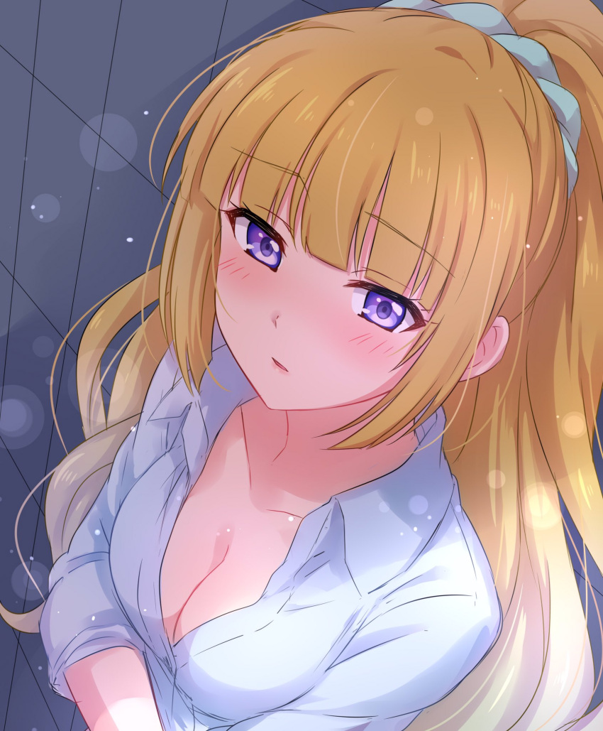 1girl bangs blonde_hair blunt_bangs blush breasts cleavage collared_shirt commentary eyebrows_visible_through_hair highres karuizawa_kei lens_flare_abuse light_particles long_hair long_sleeves looking_at_viewer medium_breasts parted_lips ponytail scrunchie sekina shirt sleeves_rolled_up solo standing unbuttoned unbuttoned_shirt upper_body violet_eyes white_shirt youkoso_jitsuryoku_shijou_shugi_no_kyoushitsu_e